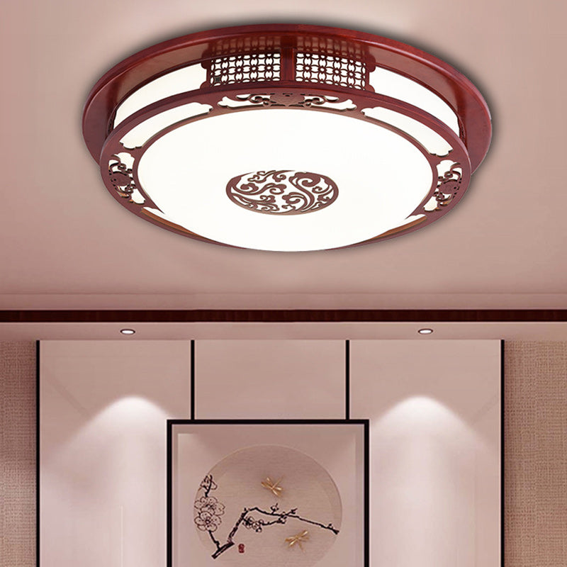 Traditional Chinese Round Oak PVC LED Flush Mount Ceiling Light For Living Room