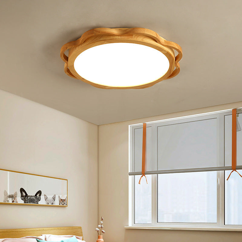 Contemporary Nordic Solid Wood Acrylic Round LED Flush Mount Ceiling Light For Bedroom