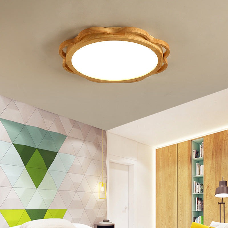 Contemporary Nordic Solid Wood Acrylic Round LED Flush Mount Ceiling Light For Bedroom