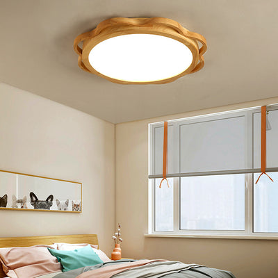 Contemporary Nordic Solid Wood Acrylic Round LED Flush Mount Ceiling Light For Bedroom