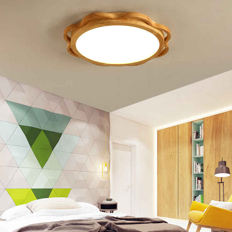 Contemporary Nordic Solid Wood Acrylic Round LED Flush Mount Ceiling Light For Bedroom