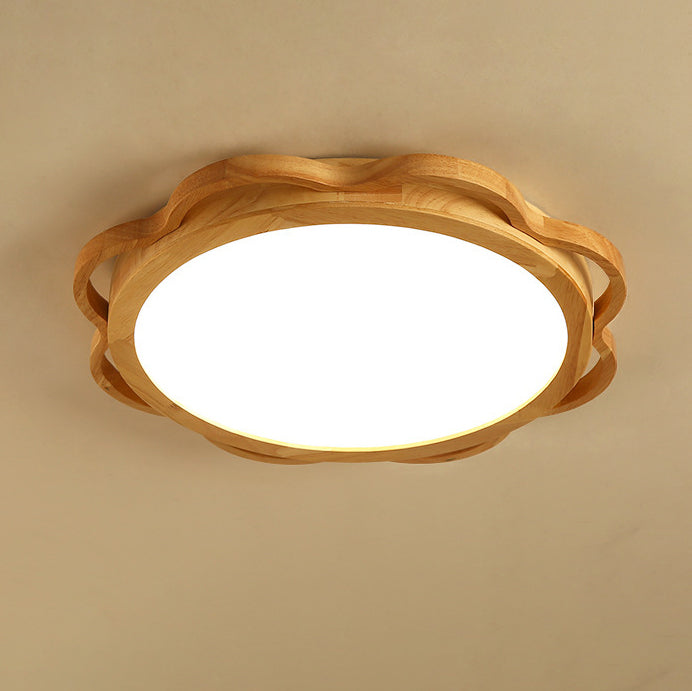 Contemporary Nordic Solid Wood Acrylic Round LED Flush Mount Ceiling Light For Bedroom