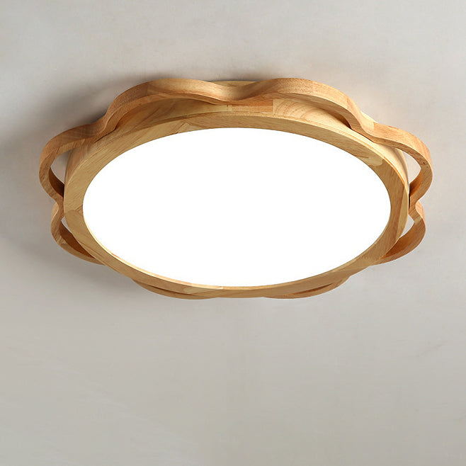 Contemporary Nordic Solid Wood Acrylic Round LED Flush Mount Ceiling Light For Bedroom