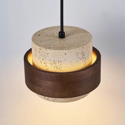 Contemporary Retro Round Yellow Travertine Solid Wood 1 - Light Pendant Light For Dining Room