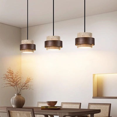 Contemporary Retro Round Yellow Travertine Solid Wood 1 - Light Pendant Light For Dining Room