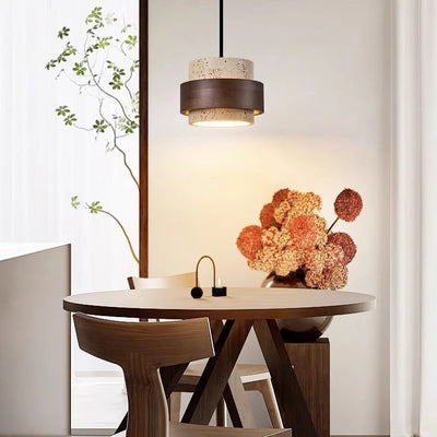 Contemporary Retro Round Yellow Travertine Solid Wood 1 - Light Pendant Light For Dining Room