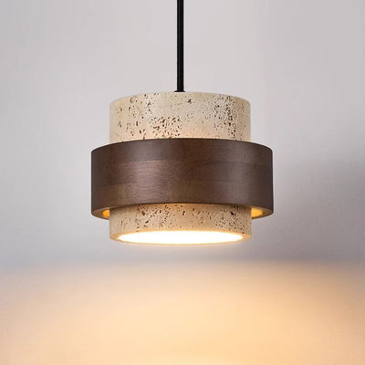 Contemporary Retro Round Yellow Travertine Solid Wood 1 - Light Pendant Light For Dining Room