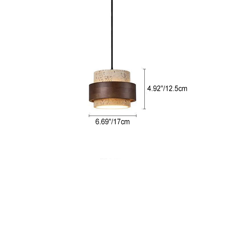 Contemporary Retro Round Yellow Travertine Solid Wood 1 - Light Pendant Light For Dining Room