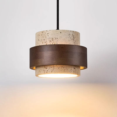 Contemporary Retro Round Yellow Travertine Solid Wood 1 - Light Pendant Light For Dining Room