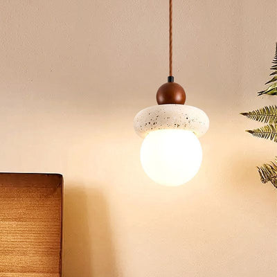 Traditional Japanese Round Yellow Travertine PVC Walnut 1 - Light Pendant Light For Bedroom