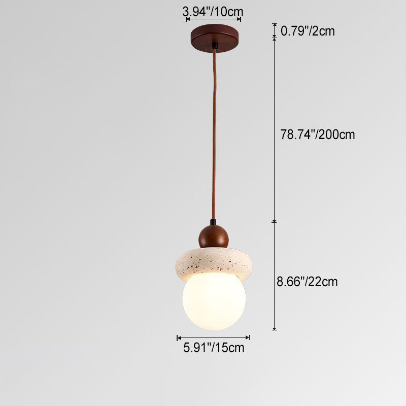 Traditional Japanese Round Yellow Travertine PVC Walnut 1 - Light Pendant Light For Bedroom