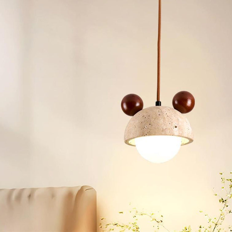 Traditional Japanese Round Yellow Travertine PVC Walnut 1 - Light Pendant Light For Bedroom