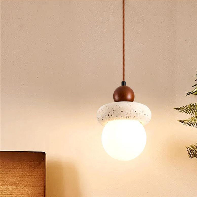 Traditional Japanese Round Yellow Travertine PVC Walnut 1 - Light Pendant Light For Bedroom