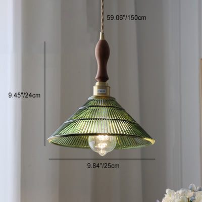 Contemporary Retro Stripe Hat Shape Brass Walnut Glass 1 - Light Pendant Light For Dining Room