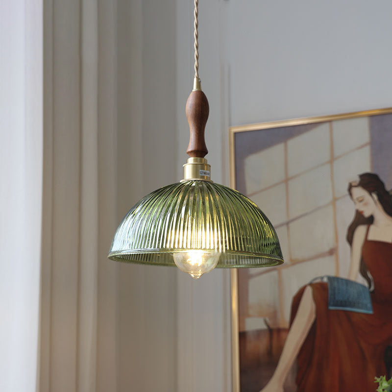 Contemporary Retro Stripe Hat Shape Brass Walnut Glass 1 - Light Pendant Light For Dining Room