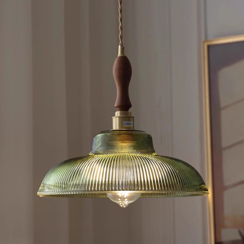 Contemporary Retro Stripe Hat Shape Brass Walnut Glass 1 - Light Pendant Light For Dining Room