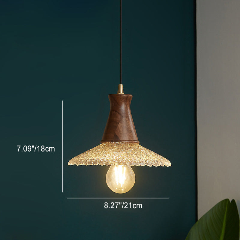 Traditional Japanese Cone Hat Brass Walnut Glass 1 - Light Pendant Light For Dining Room