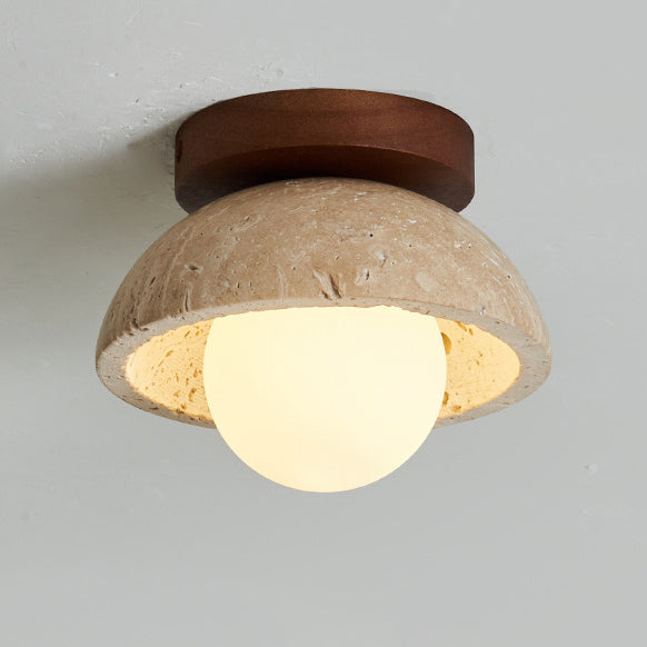 Traditional Japanese Round Yellow Travertine Glass Solid Wood 1 - Light Semi-Flush Mount Ceiling Light For Hallways