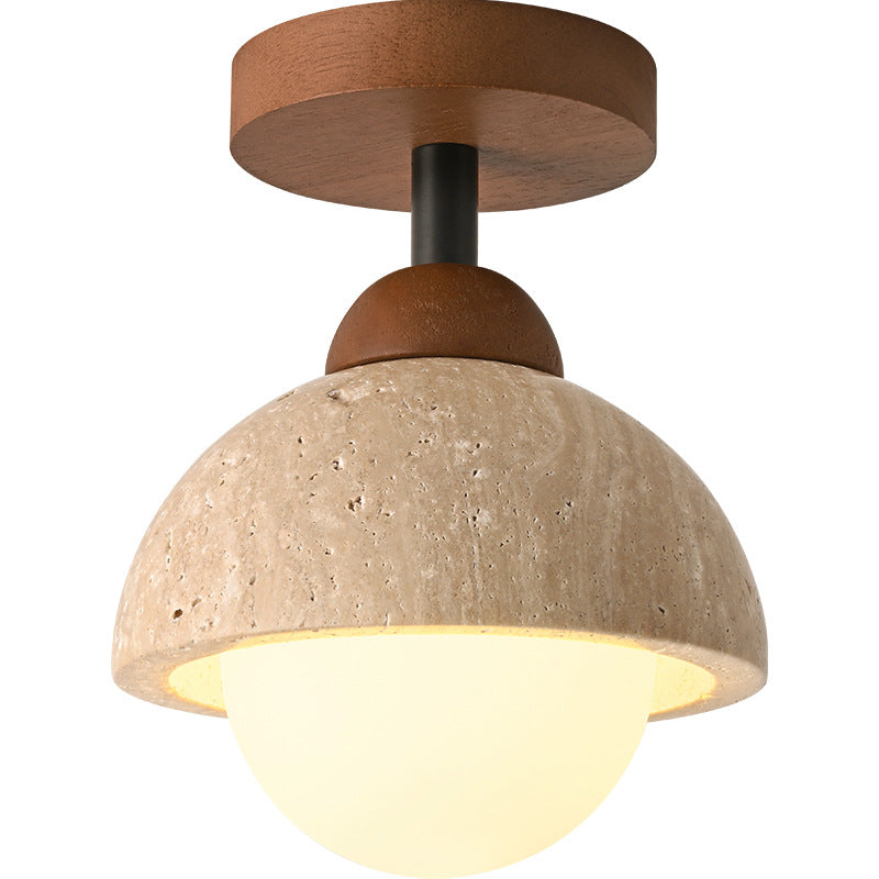 Traditional Japanese Round Yellow Travertine Glass Solid Wood 1 - Light Semi-Flush Mount Ceiling Light For Hallways