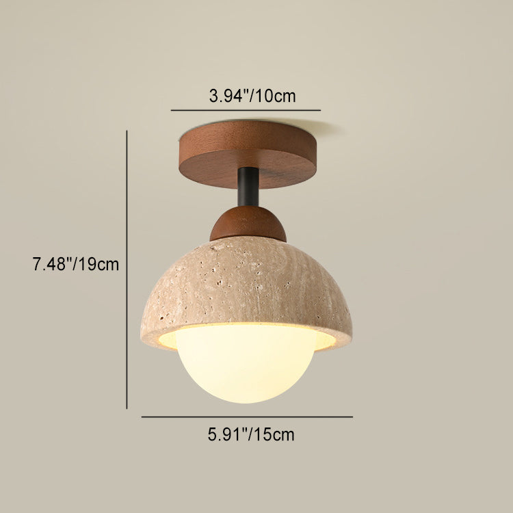 Traditional Japanese Round Yellow Travertine Glass Solid Wood 1 - Light Semi-Flush Mount Ceiling Light For Hallways