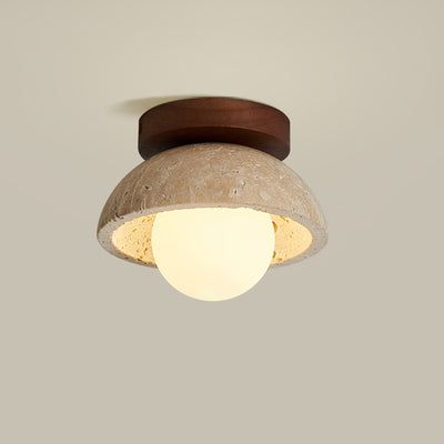 Traditional Japanese Round Yellow Travertine Glass Solid Wood 1 - Light Semi-Flush Mount Ceiling Light For Hallways