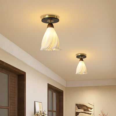 Contemporary Retro Dome Flower Rubber Wood ABS PLA 1 - Light Semi-Flush Mount Ceiling Light For Hallways