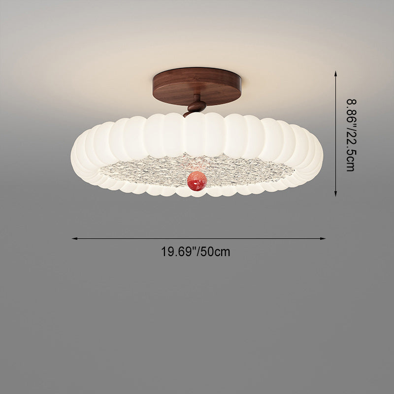 Contemporary Retro Round Dome Rotational Molding Walnut Iron LED Semi-Flush Mount Ceiling Light For Bedroom