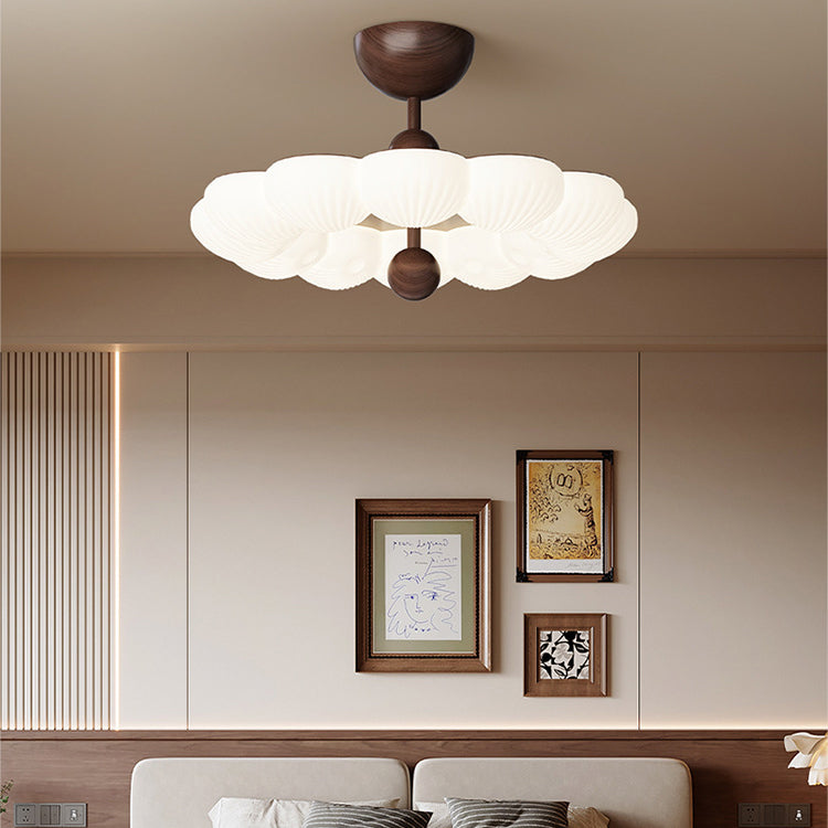 Contemporary Retro Round Dome Rotational Molding Walnut Iron LED Semi-Flush Mount Ceiling Light For Bedroom