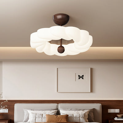 Contemporary Retro Round Dome Rotational Molding Walnut Iron LED Semi-Flush Mount Ceiling Light For Bedroom