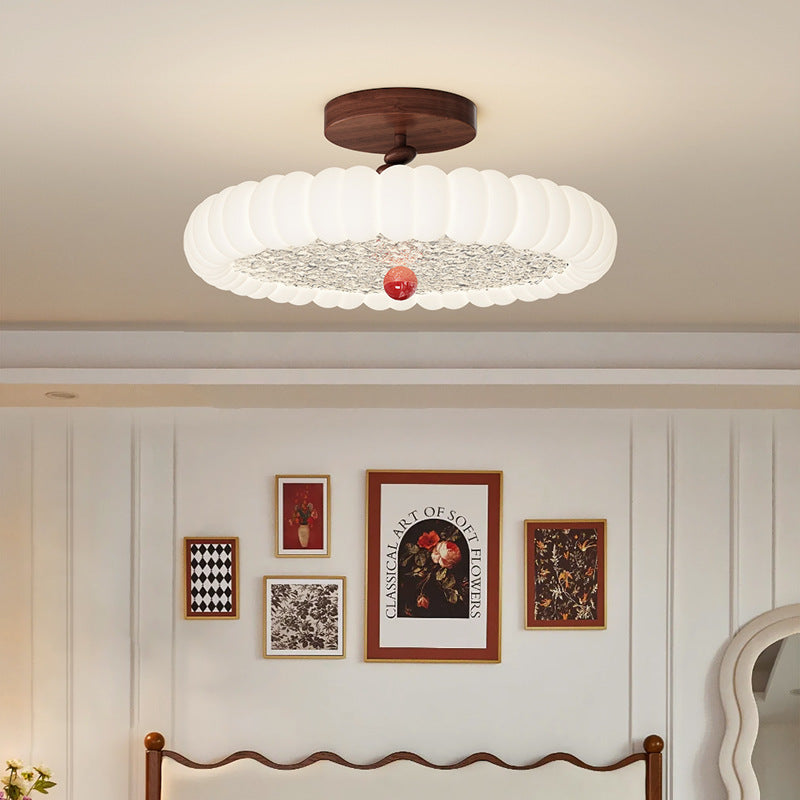 Contemporary Retro Round Dome Rotational Molding Walnut Iron LED Semi-Flush Mount Ceiling Light For Bedroom