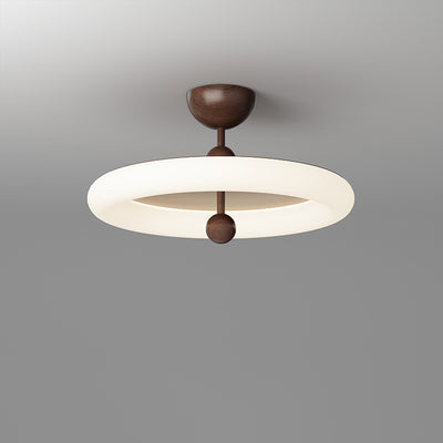 Contemporary Retro Round Dome Rotational Molding Walnut Iron LED Semi-Flush Mount Ceiling Light For Bedroom