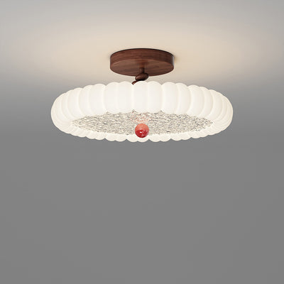 Contemporary Retro Round Dome Rotational Molding Walnut Iron LED Semi-Flush Mount Ceiling Light For Bedroom