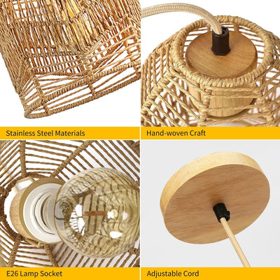 Contemporary Boho Lantern Shape Rattan Weaving Solid Wood 1 - Light Pendant Light For Dining Room