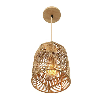 Contemporary Boho Lantern Shape Rattan Weaving Solid Wood 1 - Light Pendant Light For Dining Room