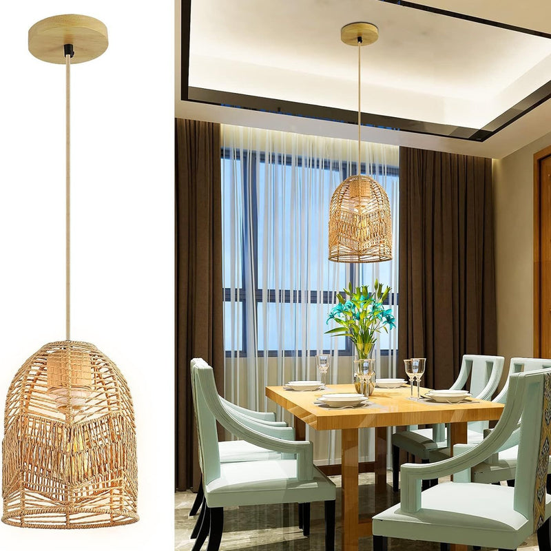 Contemporary Boho Lantern Shape Rattan Weaving Solid Wood 1 - Light Pendant Light For Dining Room