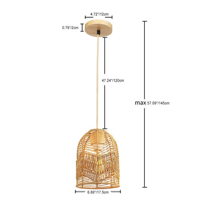 Contemporary Boho Lantern Shape Rattan Weaving Solid Wood 1 - Light Pendant Light For Dining Room