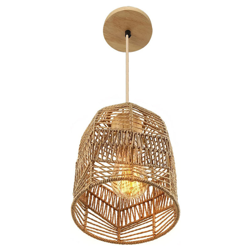 Contemporary Boho Lantern Shape Rattan Weaving Solid Wood 1 - Light Pendant Light For Dining Room