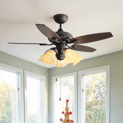 Traditional French Iron Fan Flower Glass Shade 3/5 - Light Downrods Ceiling Fan Light For Living Room