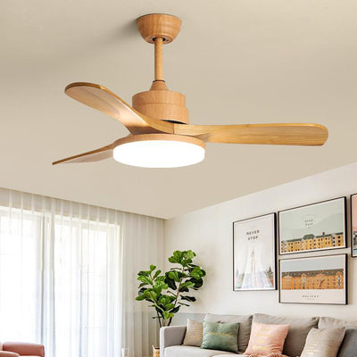 Contemporary Nordic Three Fan Blades Solid Wood Acrylic Hardware LED Downrods Ceiling Fan Light For Dining Room