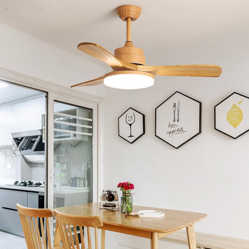 Contemporary Nordic Three Fan Blades Solid Wood Acrylic Hardware LED Downrods Ceiling Fan Light For Dining Room