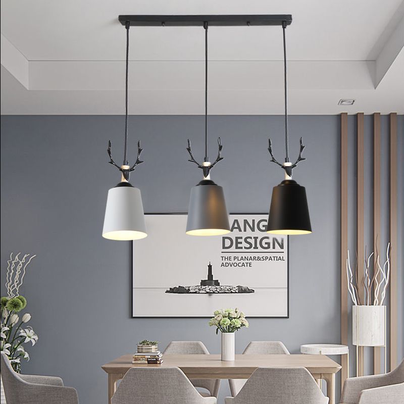 Contemporary Nordic Antler Iron Cylinder Shade Solid Wood 3 - Light Chandeliers For Dining Room