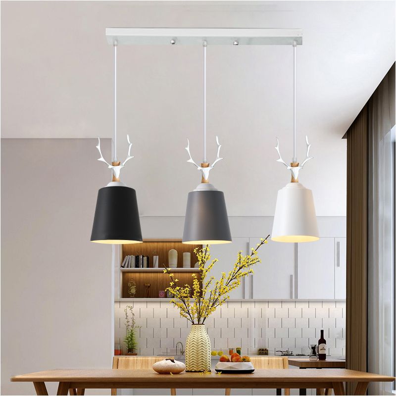 Contemporary Nordic Antler Iron Cylinder Shade Solid Wood 3 - Light Chandeliers For Dining Room