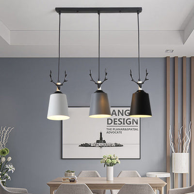 Contemporary Nordic Antler Iron Cylinder Shade Solid Wood 3 - Light Chandeliers For Dining Room