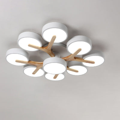 Contemporary Scandinavian Round Dome Acrylic Solid Wood LED Semi-Flush Mount Ceiling Light For Living Room