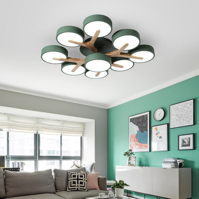 Contemporary Scandinavian Round Dome Acrylic Solid Wood LED Semi-Flush Mount Ceiling Light For Living Room