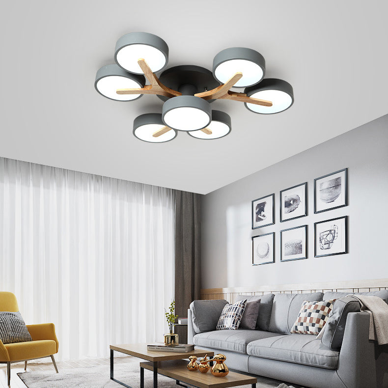 Contemporary Scandinavian Round Dome Acrylic Solid Wood LED Semi-Flush Mount Ceiling Light For Living Room