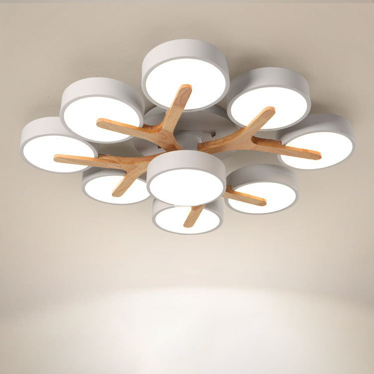 Contemporary Scandinavian Round Dome Acrylic Solid Wood LED Semi-Flush Mount Ceiling Light For Living Room