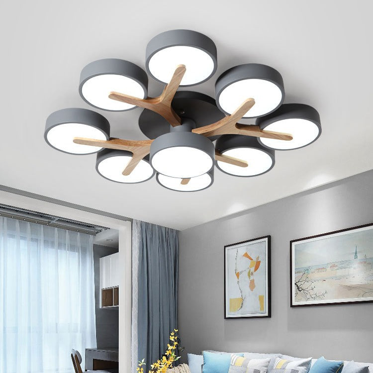 Contemporary Scandinavian Round Dome Acrylic Solid Wood LED Semi-Flush Mount Ceiling Light For Living Room