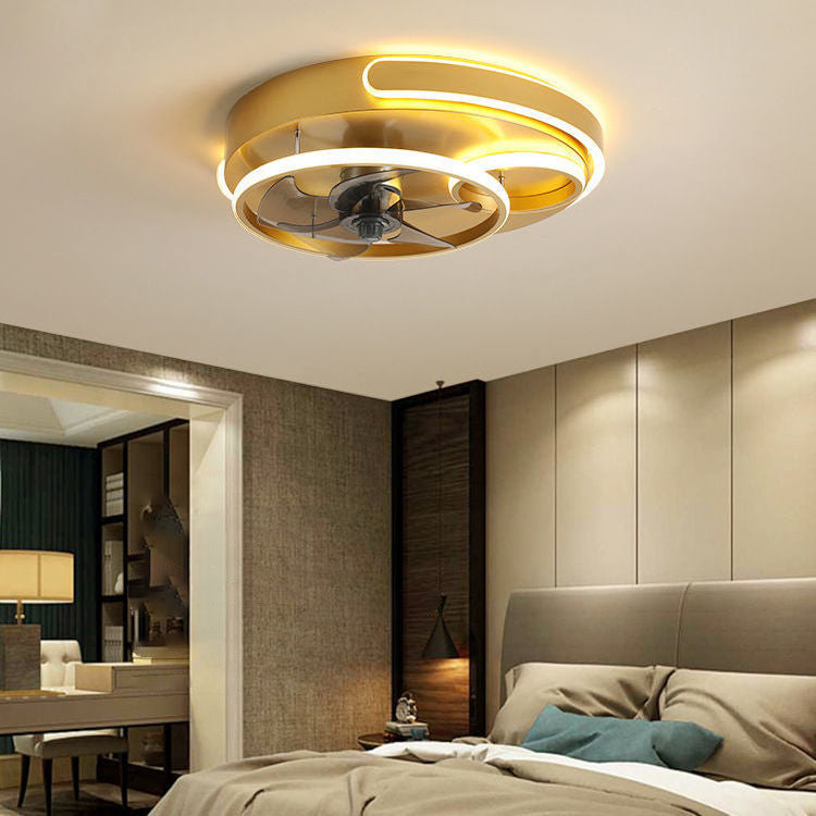 Contemporary Nordic Round Five Fan Blades Iron Aluminum ABS LED Flush Mount Ceiling Fan Light For Bedroom