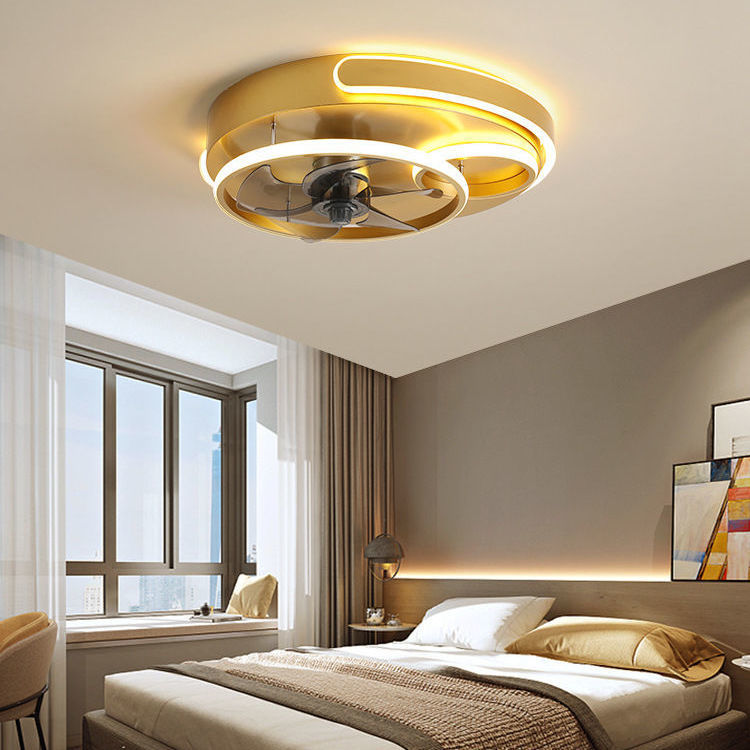 Contemporary Nordic Round Five Fan Blades Iron Aluminum ABS LED Flush Mount Ceiling Fan Light For Bedroom